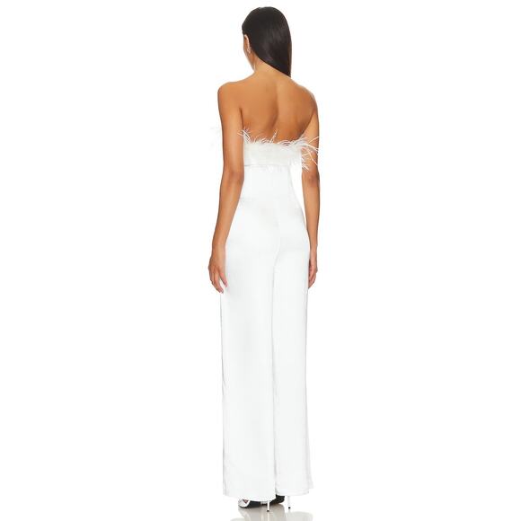 Lovers & Friends Moira Feather Trim Jumpsuit Strapless Wide Leg Satin White Sz M - Picture 2 of 12